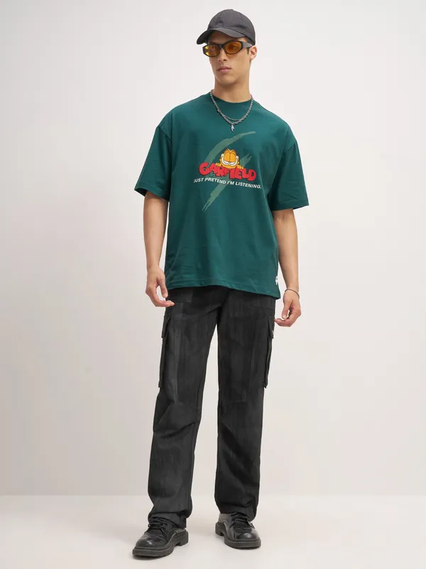 Highlander Men Teal Garfield Printed Round Neck Oversized Fit T-Shirt