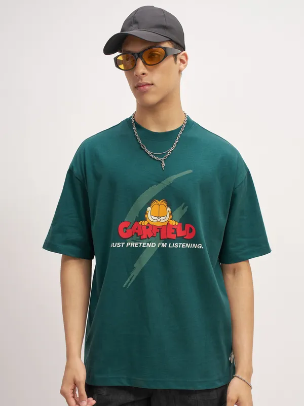 Highlander Men Teal Garfield Printed Round Neck Oversized Fit T-Shirt