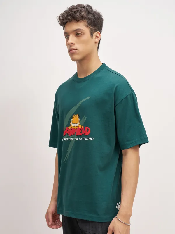 Highlander Men Teal Garfield Printed Round Neck Oversized Fit T-Shirt