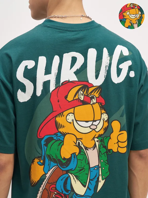 Highlander Men Teal Garfield Printed Round Neck Oversized Fit T-Shirt