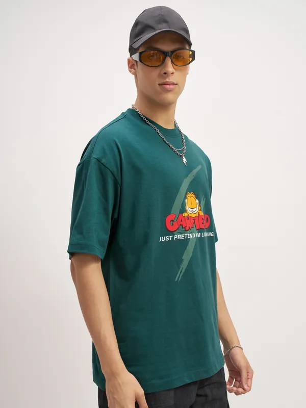 Highlander Men Teal Garfield Printed Round Neck Oversized Fit T-Shirt