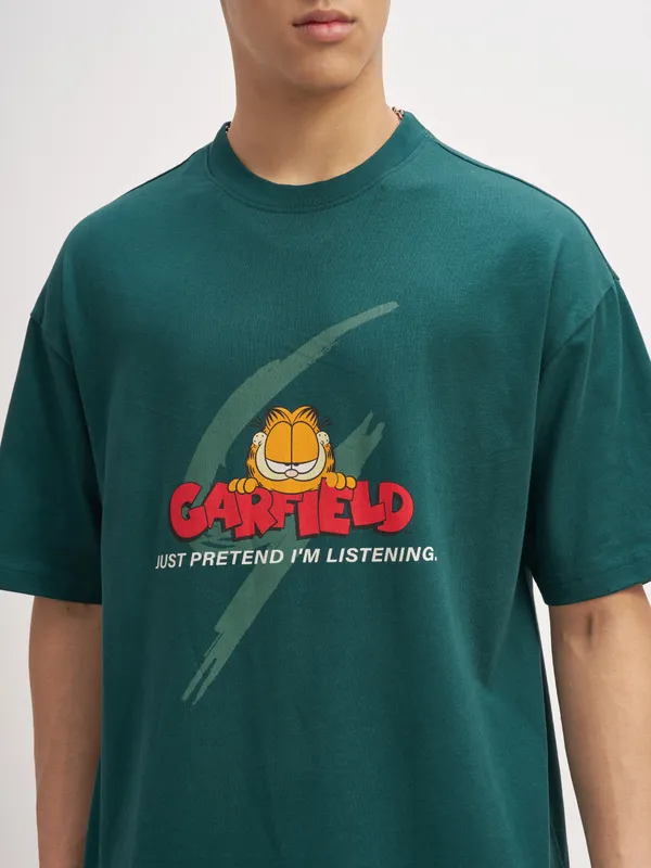 Highlander Men Teal Garfield Printed Round Neck Oversized Fit T-Shirt
