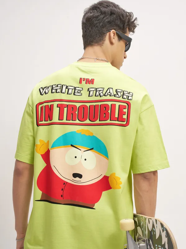 Highlander Men Green South Park Printed Round Neck Oversized Fit T-Shirt