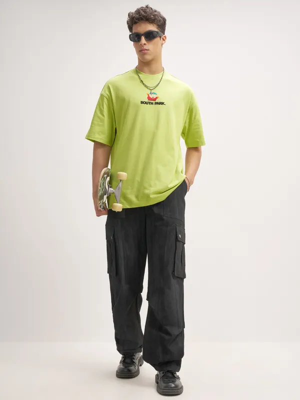 Highlander Men Green South Park Printed Round Neck Oversized Fit T-Shirt