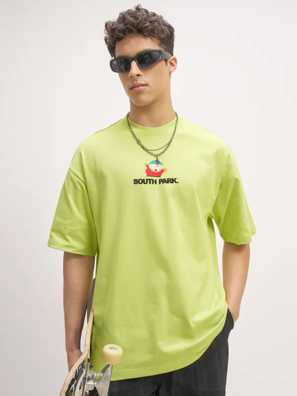 Highlander Men Green South Park Printed Round Neck Oversized Fit T-Shirt