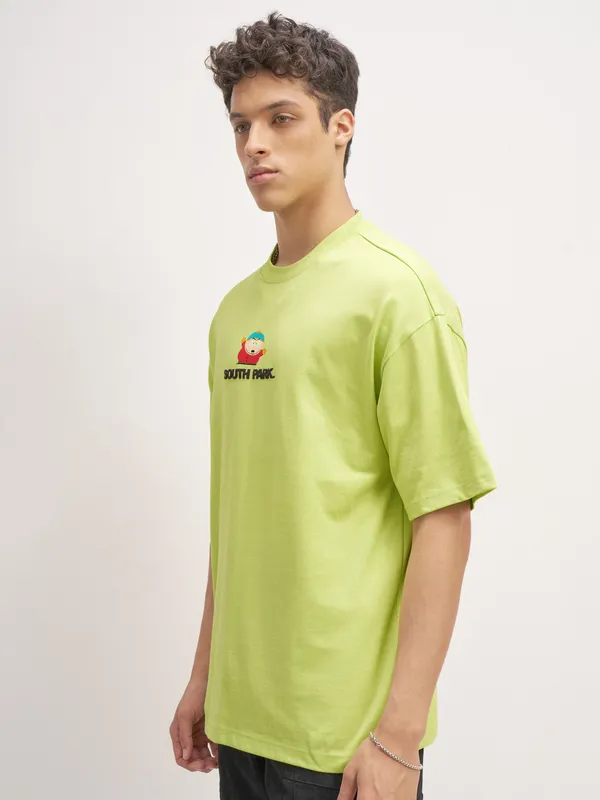 Highlander Men Green South Park Printed Round Neck Oversized Fit T-Shirt