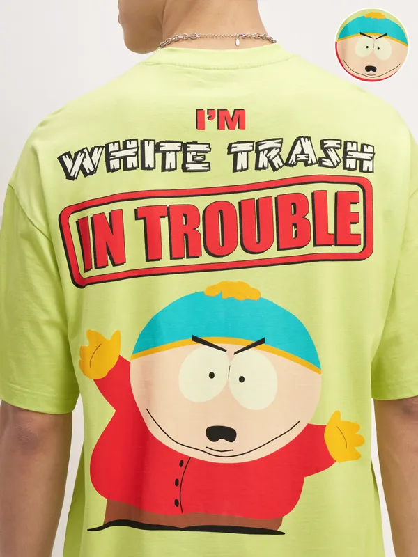 Highlander Men Green South Park Printed Round Neck Oversized Fit T-Shirt