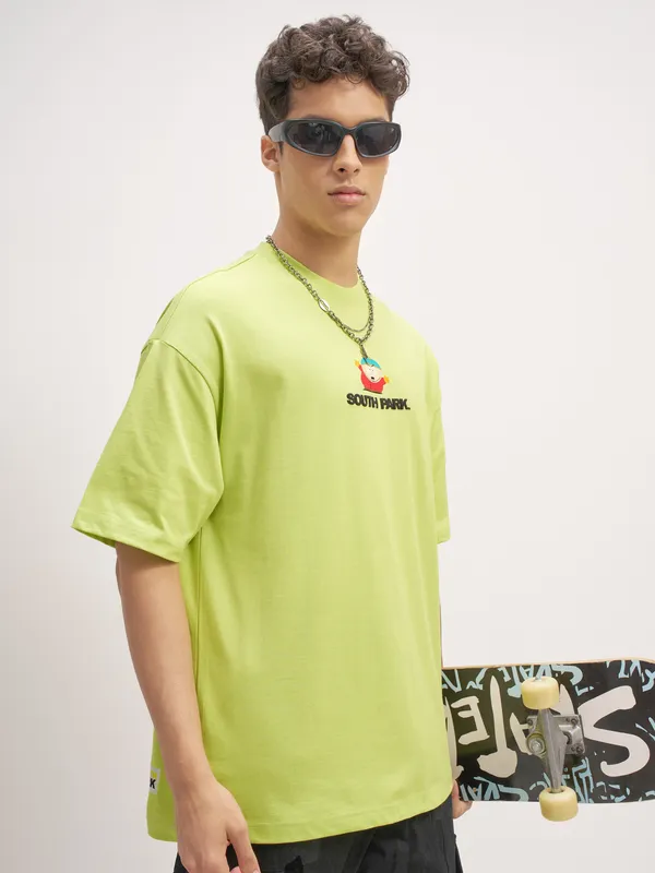 Highlander Men Green South Park Printed Round Neck Oversized Fit T-Shirt