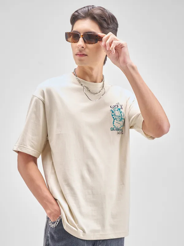 Highlander Men Beige Garfield Embroidered Round Neck T-Shirt