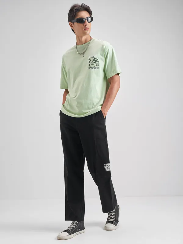 Highlander Men Green Garfield Embroidered Round Neck T-Shirt