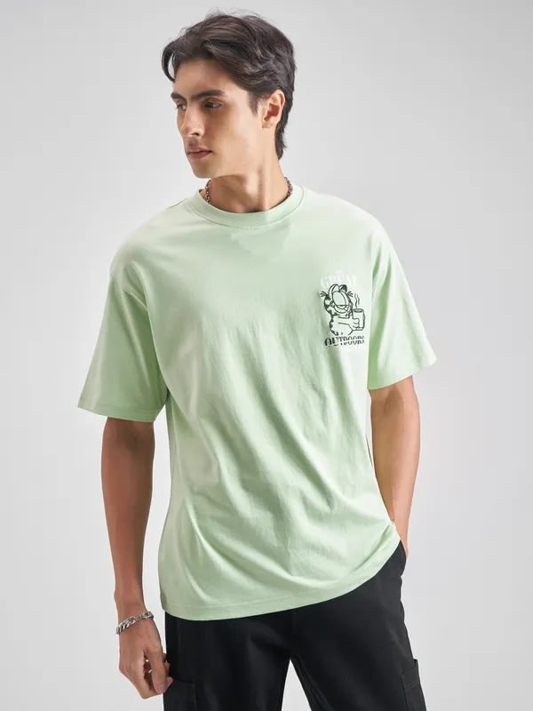 Highlander Men Green Garfield Embroidered Round Neck T-Shirt