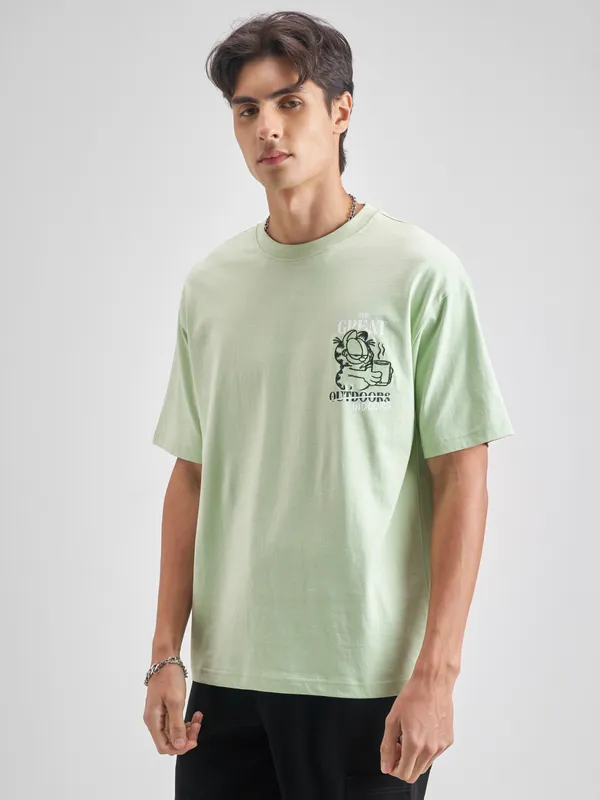 Highlander Men Green Garfield Embroidered Round Neck T-Shirt