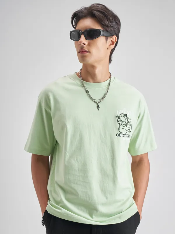 Highlander Men Green Garfield Embroidered Round Neck T-Shirt