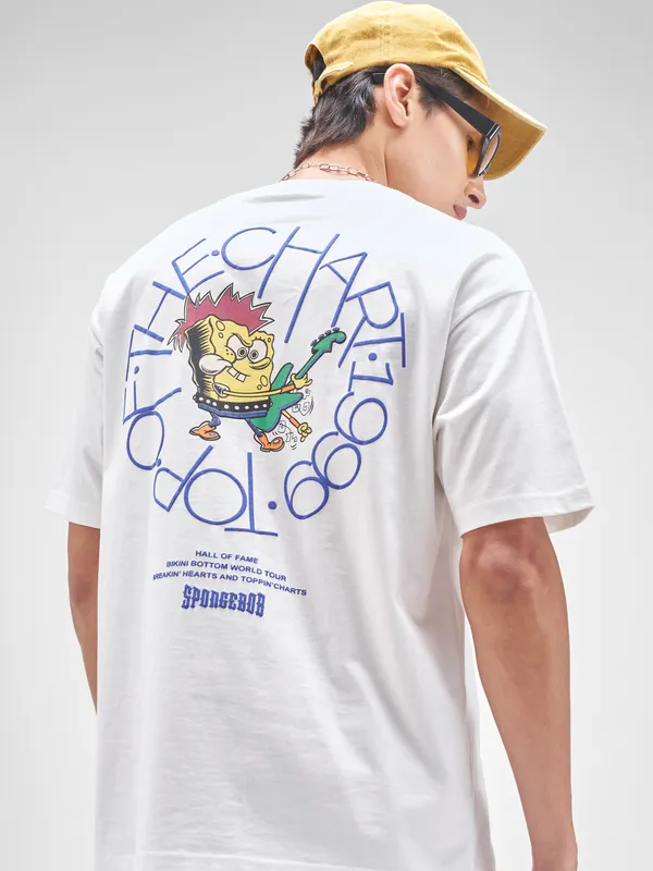 Highlander Men White Spongebob Squarepants Printed Round Neck T-Shirt