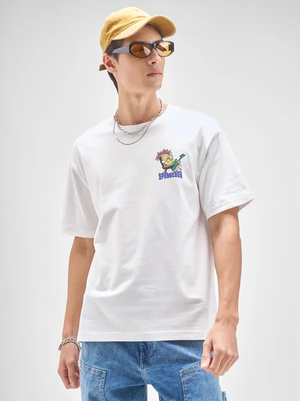 Highlander Men White Spongebob Squarepants Printed Round Neck T-Shirt