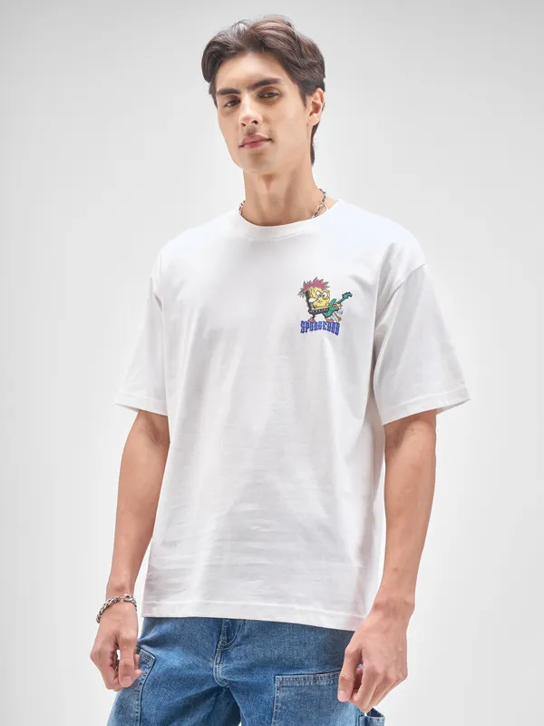 Highlander Men White Spongebob Squarepants Printed Round Neck T-Shirt