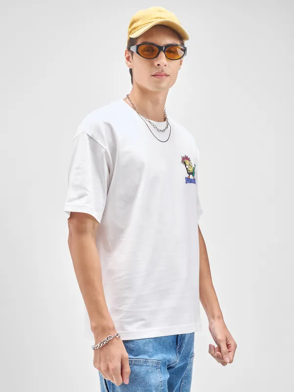 Highlander Men White Spongebob Squarepants Printed Round Neck T-Shirt