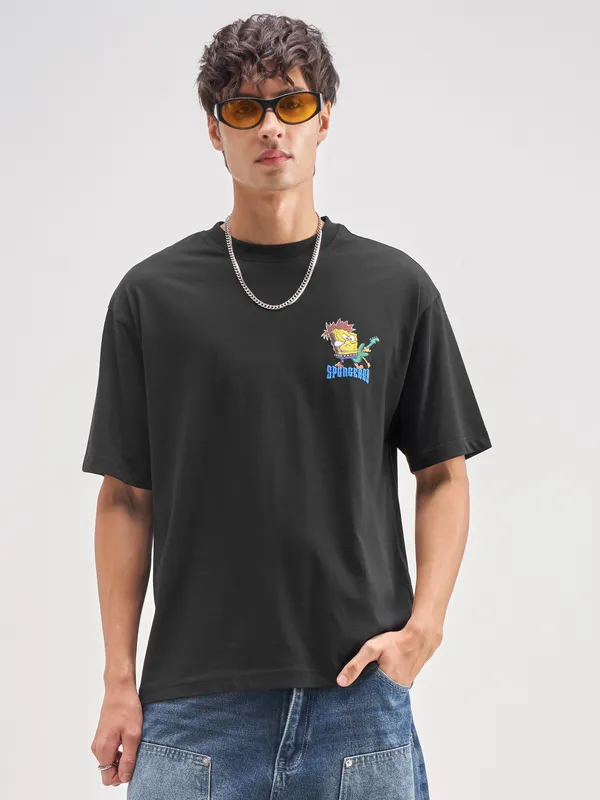 Highlander Men Black Spongebob Squarepants Printed Round Neck T-Shirt
