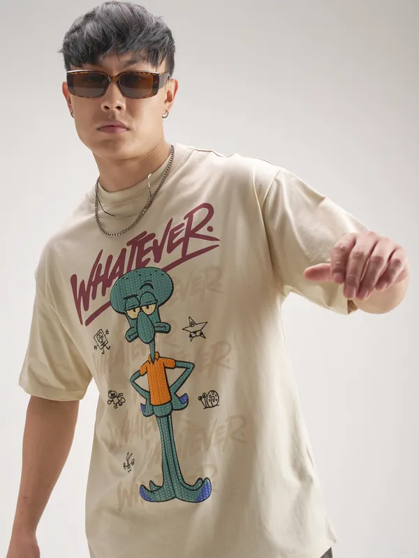 Highlander Men Beige Spongebob Squarepants Printed Round Neck T-Shirt