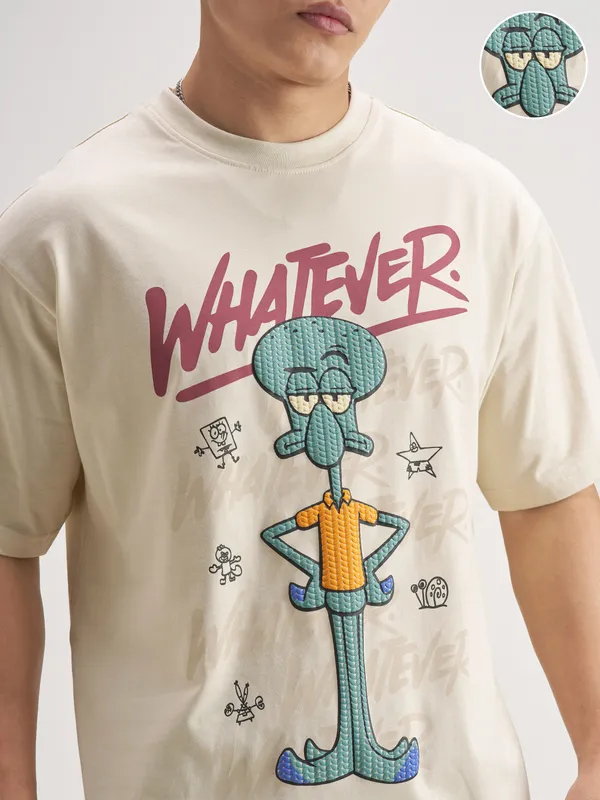 Highlander Men Beige Spongebob Squarepants Printed Round Neck T-Shirt