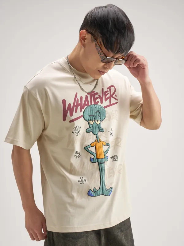 Highlander Men Beige Spongebob Squarepants Printed Round Neck T-Shirt
