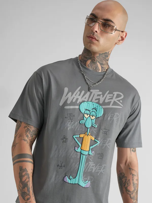 Highlander Men Grey Spongebob Squarepants Printed Round Neck T-Shirt