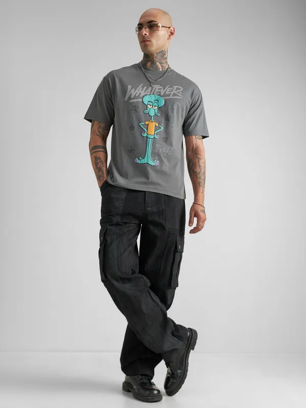 Highlander Men Grey Spongebob Squarepants Printed Round Neck T-Shirt