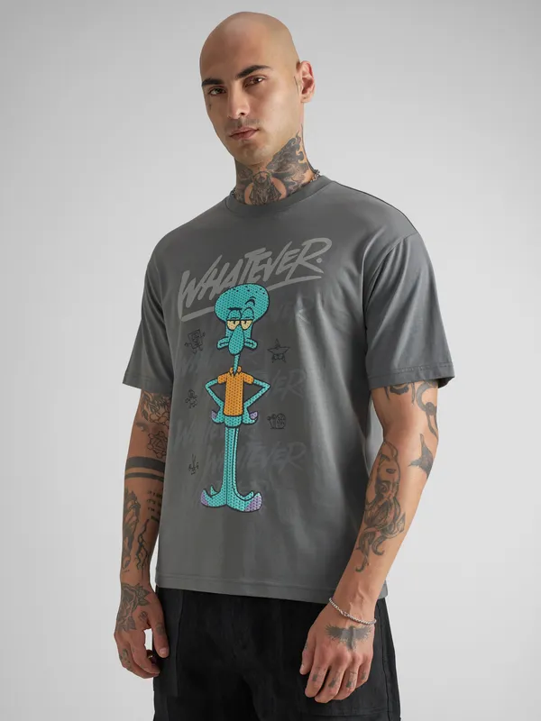 Highlander Men Grey Spongebob Squarepants Printed Round Neck T-Shirt
