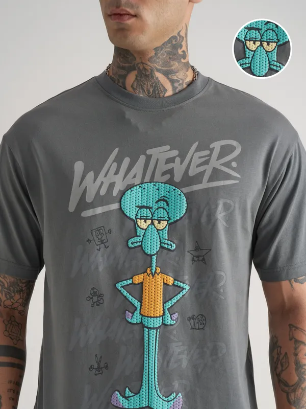 Highlander Men Grey Spongebob Squarepants Printed Round Neck T-Shirt