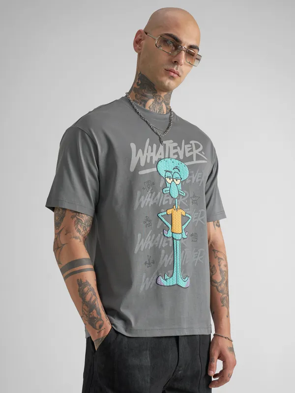 Highlander Men Grey Spongebob Squarepants Printed Round Neck T-Shirt