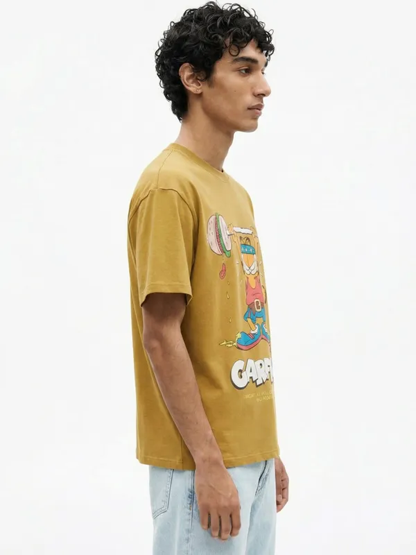 Highlander Men Mustard Garfield Printed Round Neck T-Shirt