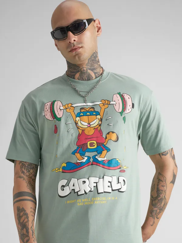 Highlander Men Green Garfield Printed Round Neck T-Shirt