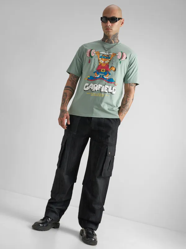 Highlander Men Green Garfield Printed Round Neck T-Shirt