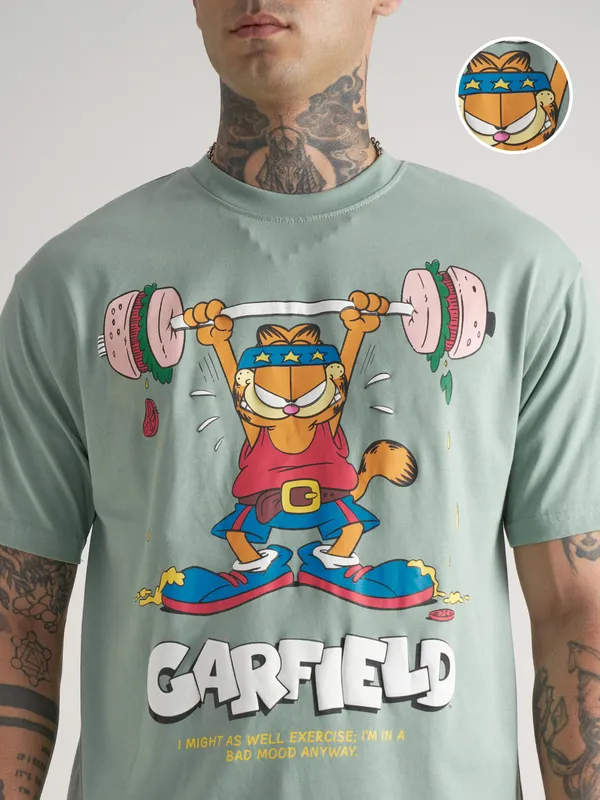 Highlander Men Green Garfield Printed Round Neck T-Shirt