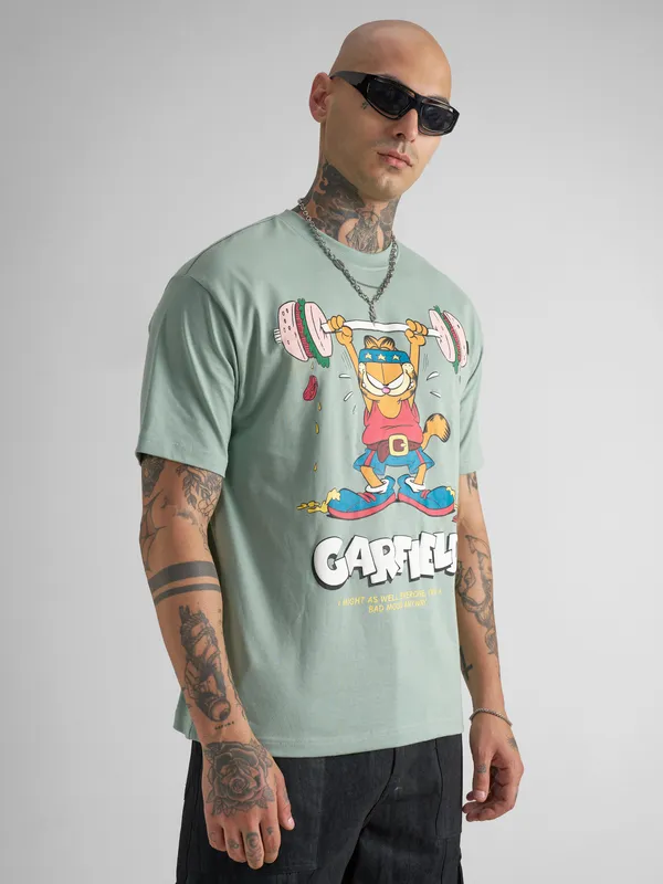 Highlander Men Green Garfield Printed Round Neck T-Shirt