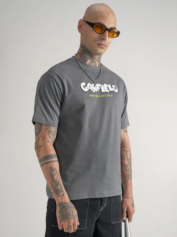 Highlander Men Grey Garfield Printed Round Neck T-Shirt