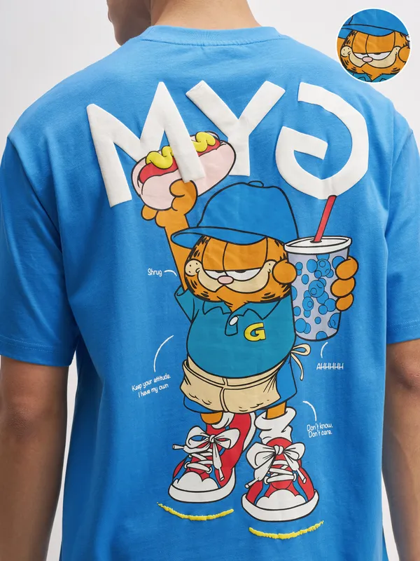 Highlander Men Blue Garfield Printed Round Neck T-Shirt