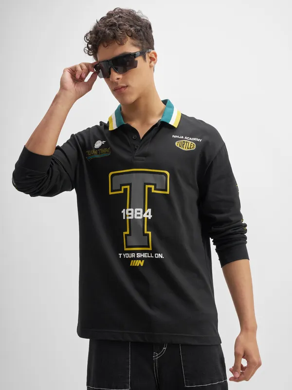 Highlander Men Black Printed Polo Collar  T-Shirt