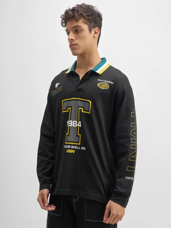 Highlander Men Black Printed Polo Collar  T-Shirt