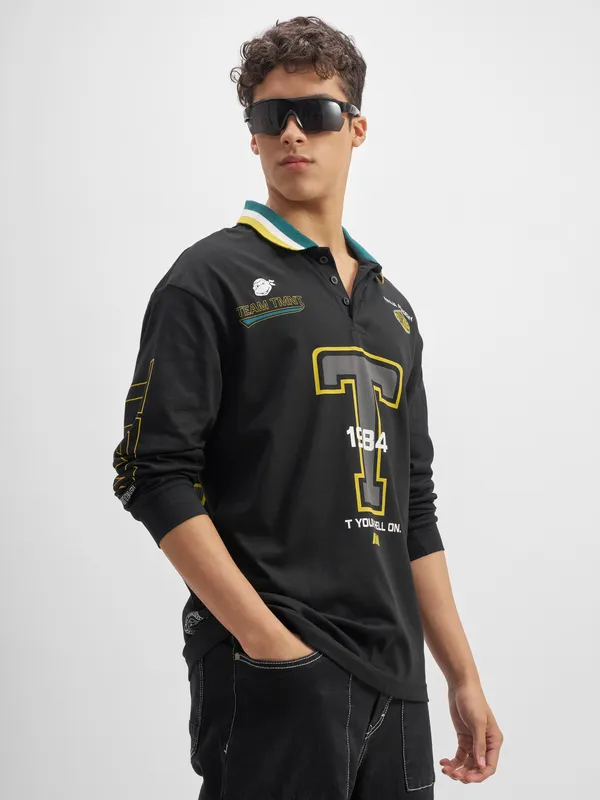 Highlander Men Black Printed Polo Collar  T-Shirt