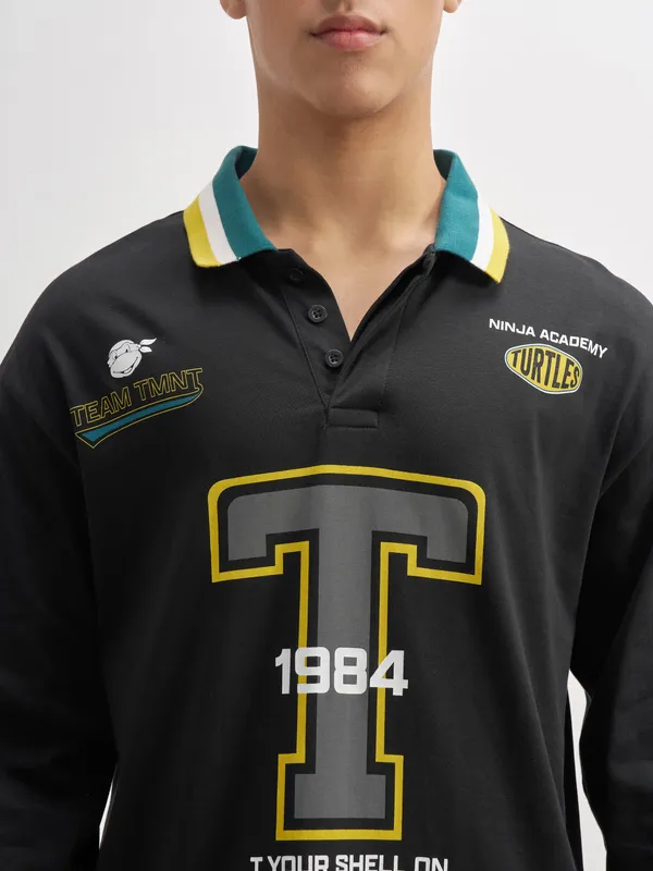 Highlander Men Black Printed Polo Collar  T-Shirt