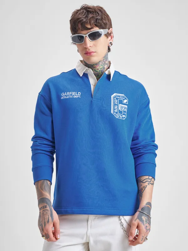 Highlander Men Blue Garfield Shirt Collar Pullover Sweatshirt