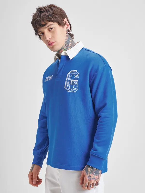 Highlander Men Blue Garfield Shirt Collar Pullover Sweatshirt