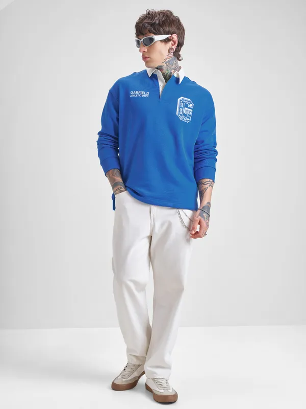 Highlander Men Blue Garfield Shirt Collar Pullover Sweatshirt