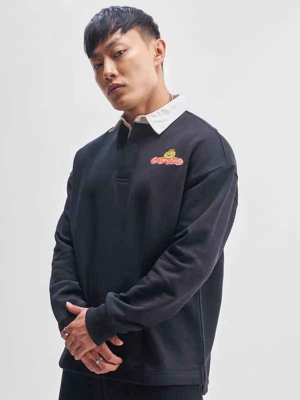 Highlander Men Black Garfield Shirt Collar Pullover Sweatshirt