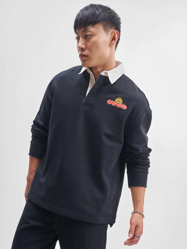 Highlander Men Black Garfield Shirt Collar Pullover Sweatshirt