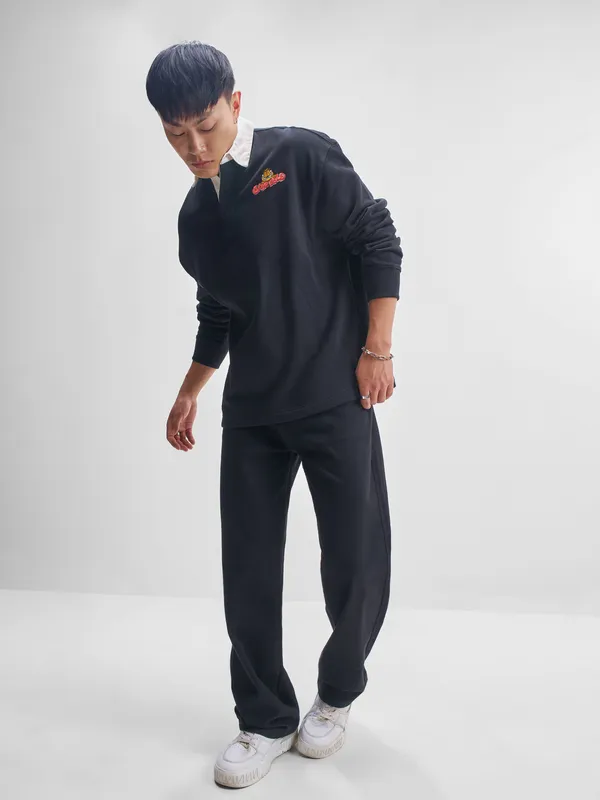 Highlander Men Black Garfield Shirt Collar Pullover Sweatshirt