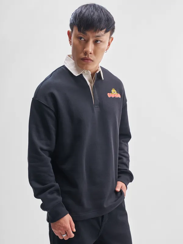 Highlander Men Black Garfield Shirt Collar Pullover Sweatshirt