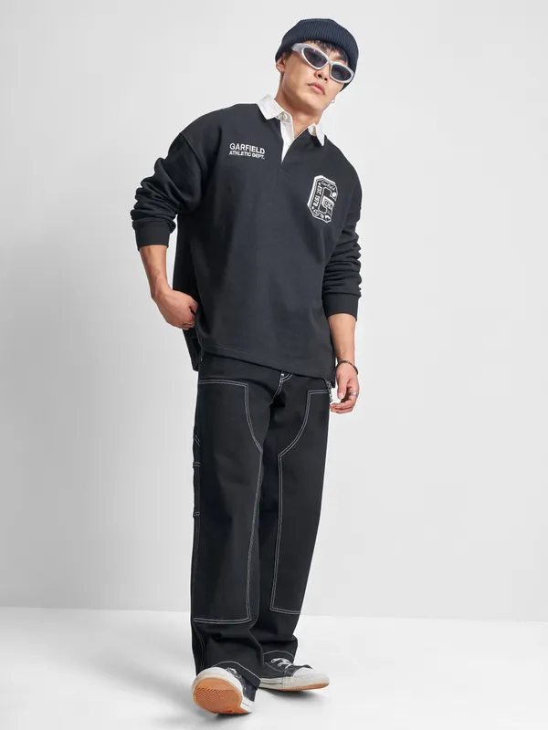 Highlander Men Black Garfield Shirt Collar Pullover Sweatshirt