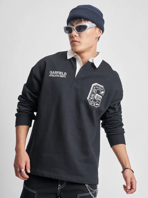 Highlander Men Black Garfield Shirt Collar Pullover Sweatshirt